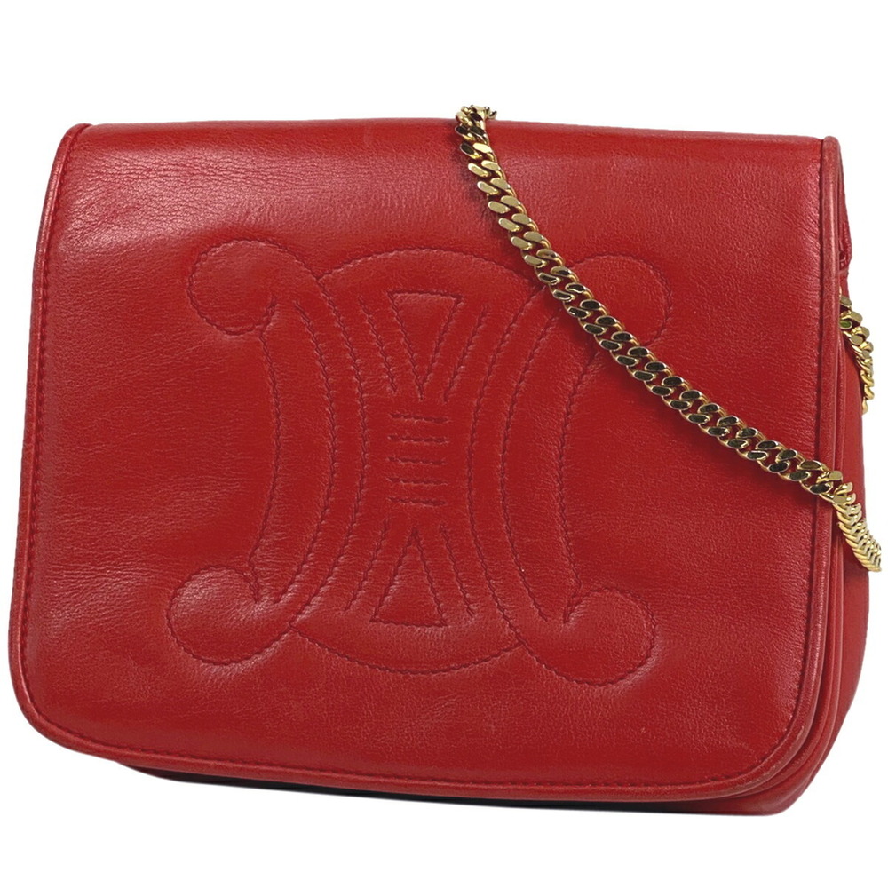 Celine Blazon Chain Shoulder Bag Logo Crossbody Leather Red